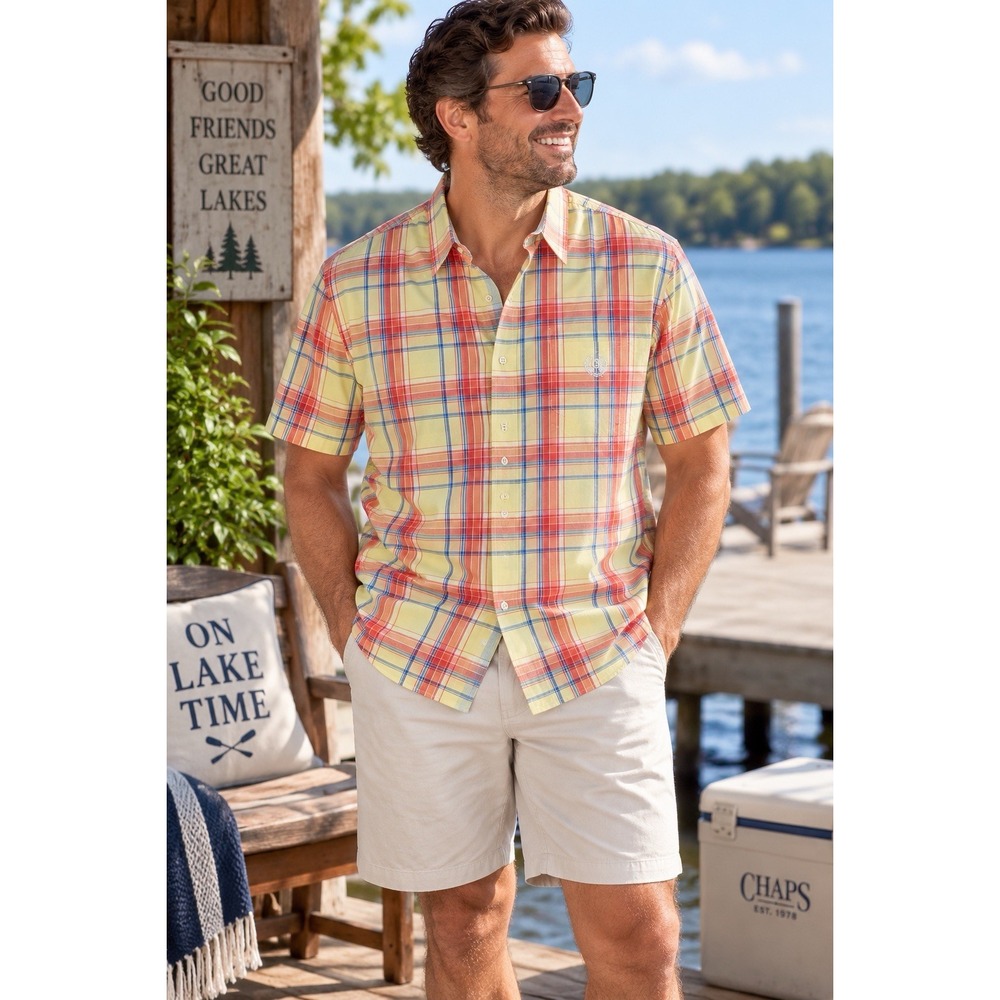 Chaps Men's 3XB Big & Tall Plaid Short Sleeve Button Up Shirt Yellow Easy Care